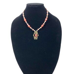 Beaded Necklace With filagree Metal Pendant Pink/Gold 18"L